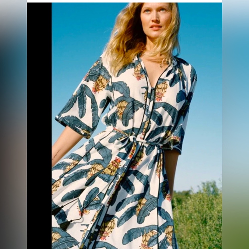 H&M White Midi Dress with Blue and Yellow Tropical Print
